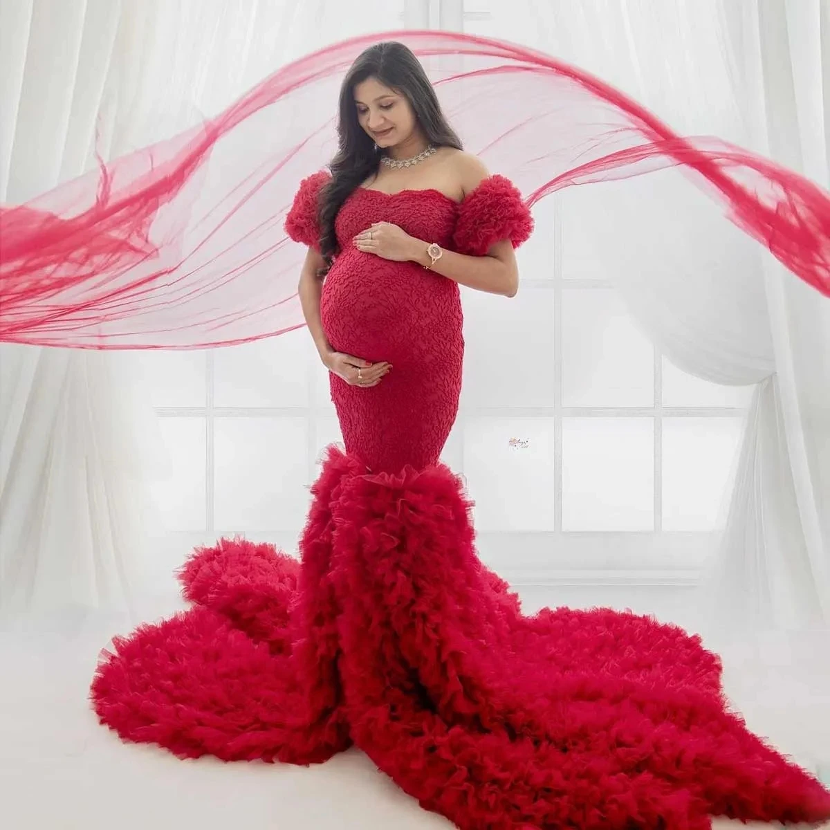 Burgundy Maternity Dresses for Photoshoot Mermaid Ruffled Tulle Baby Shower Off Shoulder Long Prom Gowns Lace Women Dress Fluffy