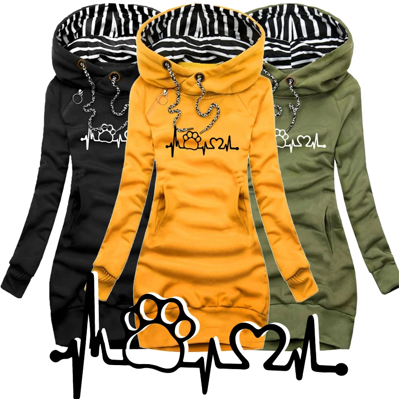 

Trending Cat Paw Printed Autumn and Winter Women Fashion Long Hoodie Slim Fit Dress Hoodie Dress Women Long Sleeve Sweater Dress