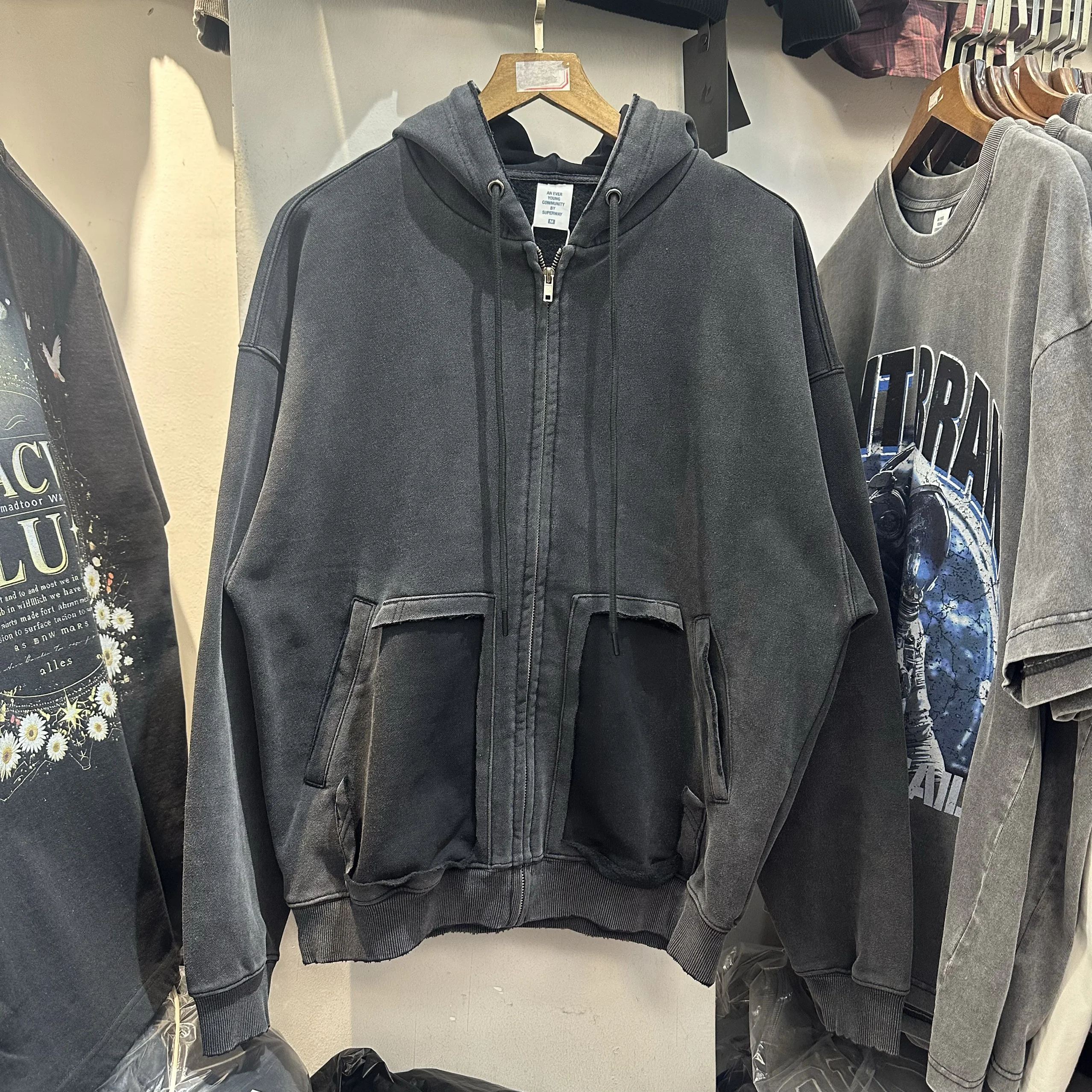 

Retro American Brand Fce Lined Zipper Hoodie Jaet with ket Patch Autumn Winter Men's Casual Wear Resistant Long Sve