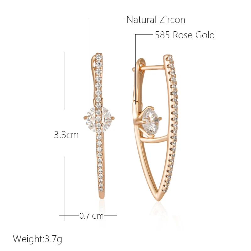 Wbmqda Fashion V Shape Long Drop Earrings For Women 585 Rose Gold Color With White Natural Zircon Luxury Wedding Party Jewelry