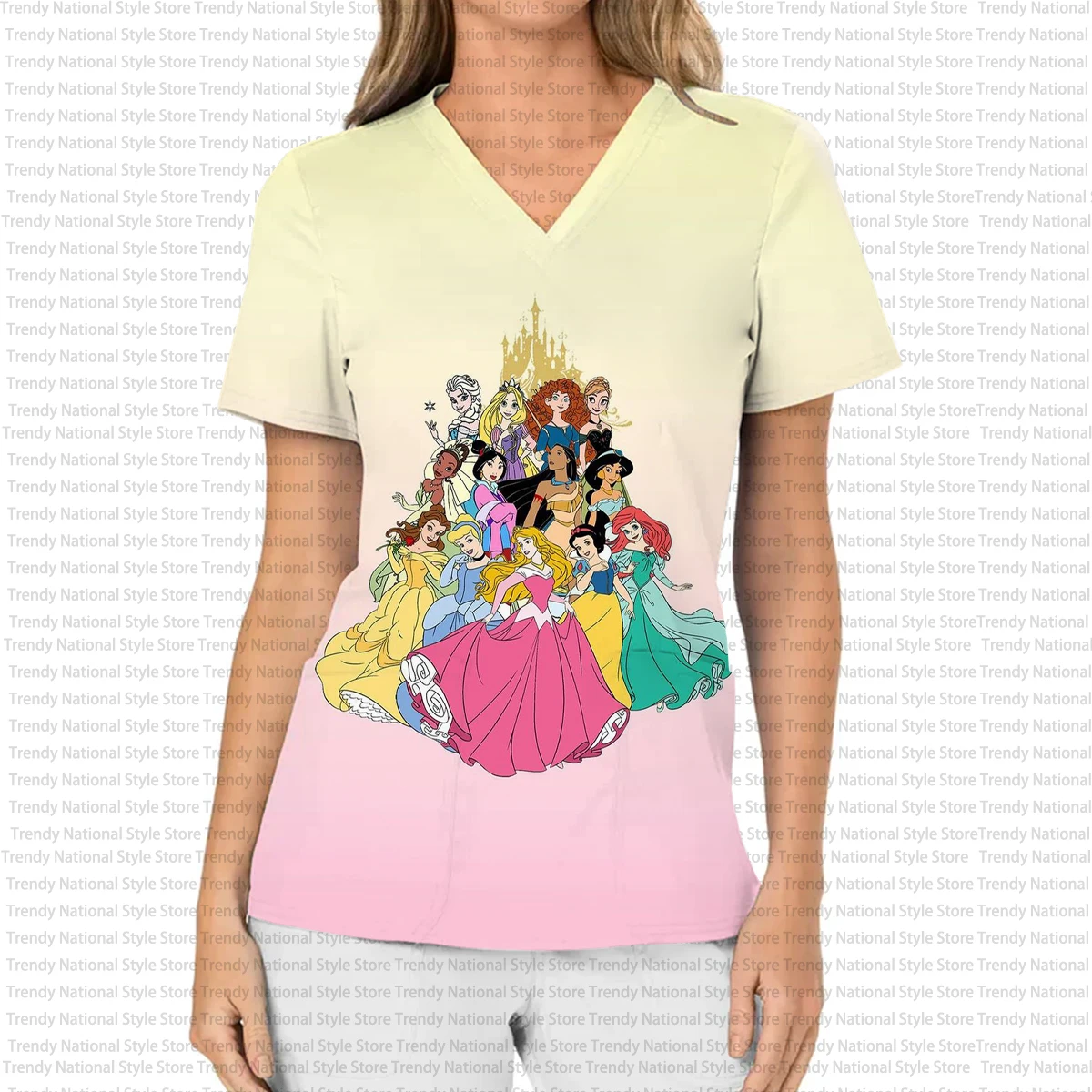 تي شيرت نسائي جديد بلوري برقبة على شكل حرف V مع طباعة أميرات ديزني - عيادة الأسنان، متجر الحيوانات الأليفة، بدلة ركاب، زي ممرضة المستشفى #2