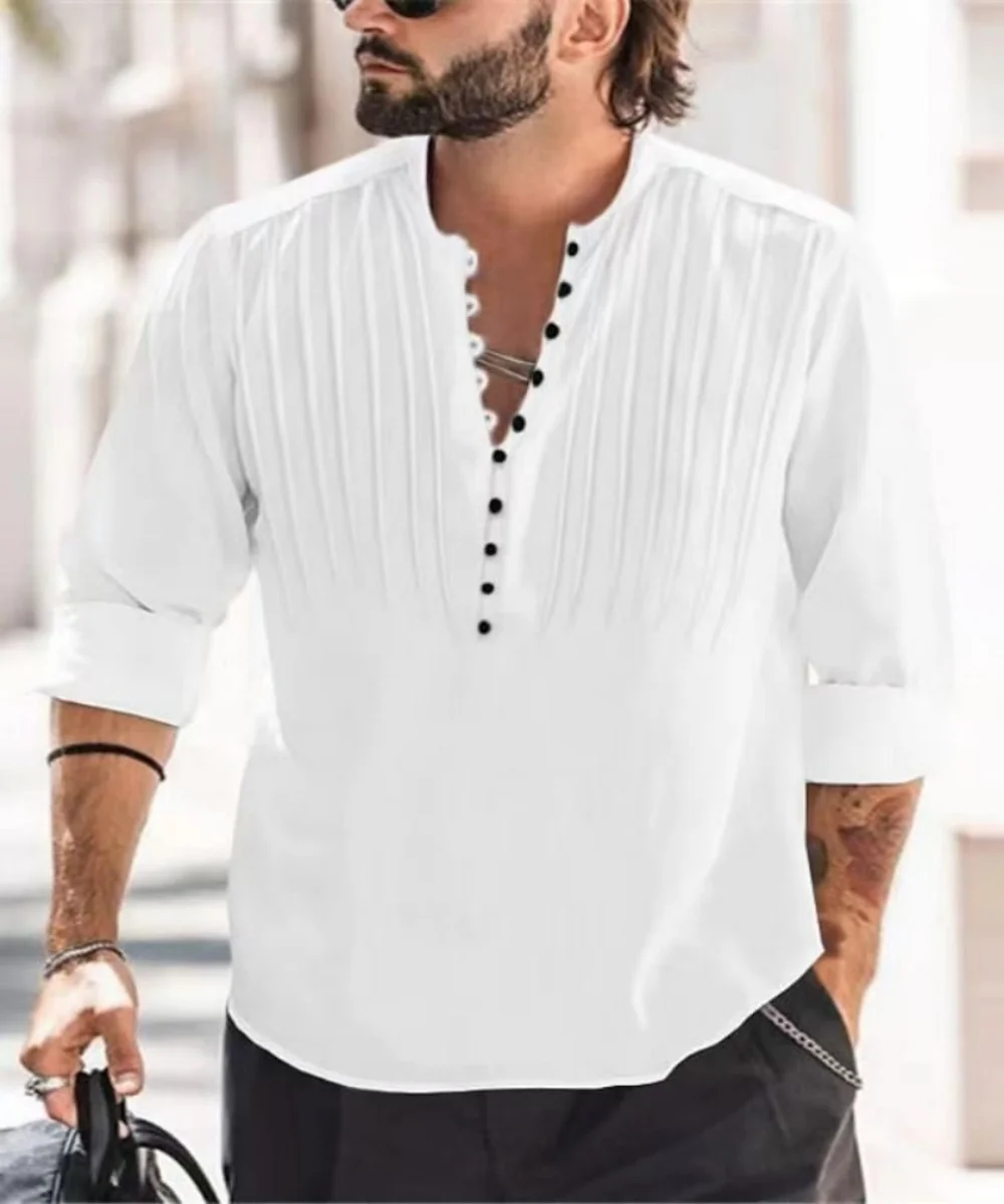 

Men's shirt Long Sleeve Spring And Fall All-Cotton Pleated V-neck Trend Business Casual Loose Pullover