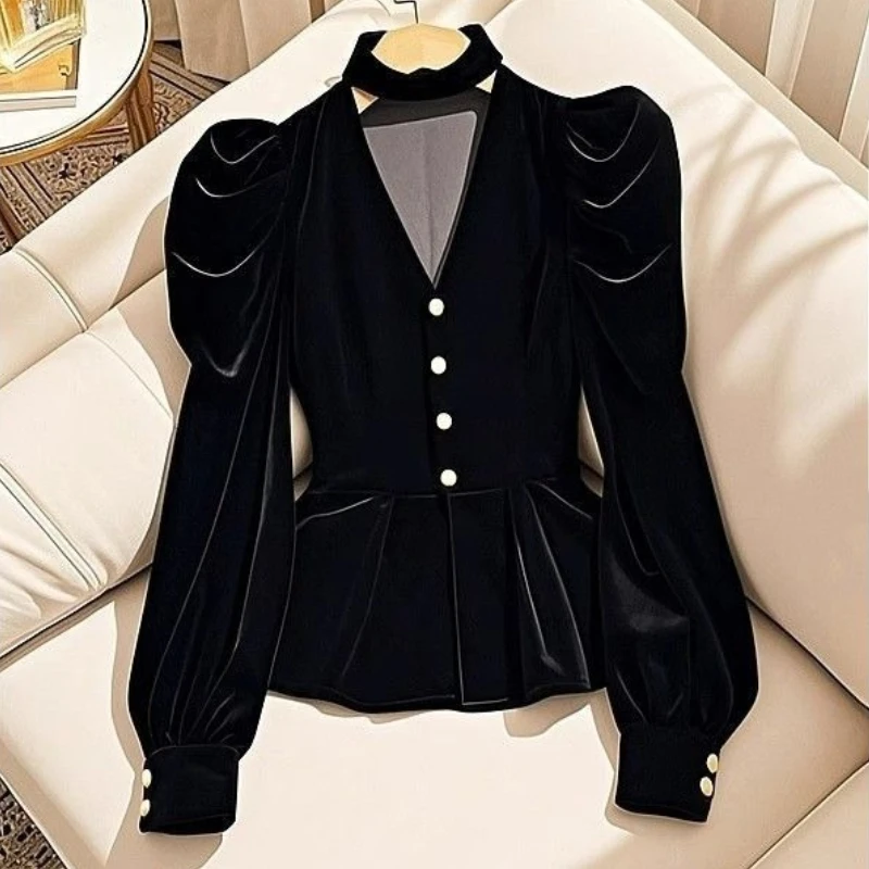 

2025 Spring Fall Women V Neck Puff Sleeve Ruffles Black Velvet Top Shirt , Woman Clothes Elegant French Style Velour Tops Shirts