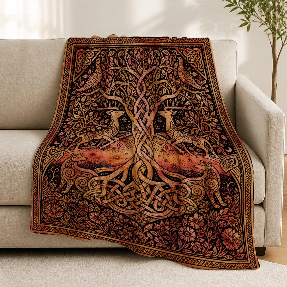 Boho Tree of Life Throw Blanket Sofa Runner Celtic Knotwork Forest Pattern Decorative Tapestry Large Boho Rustic Fall Autumn Hom