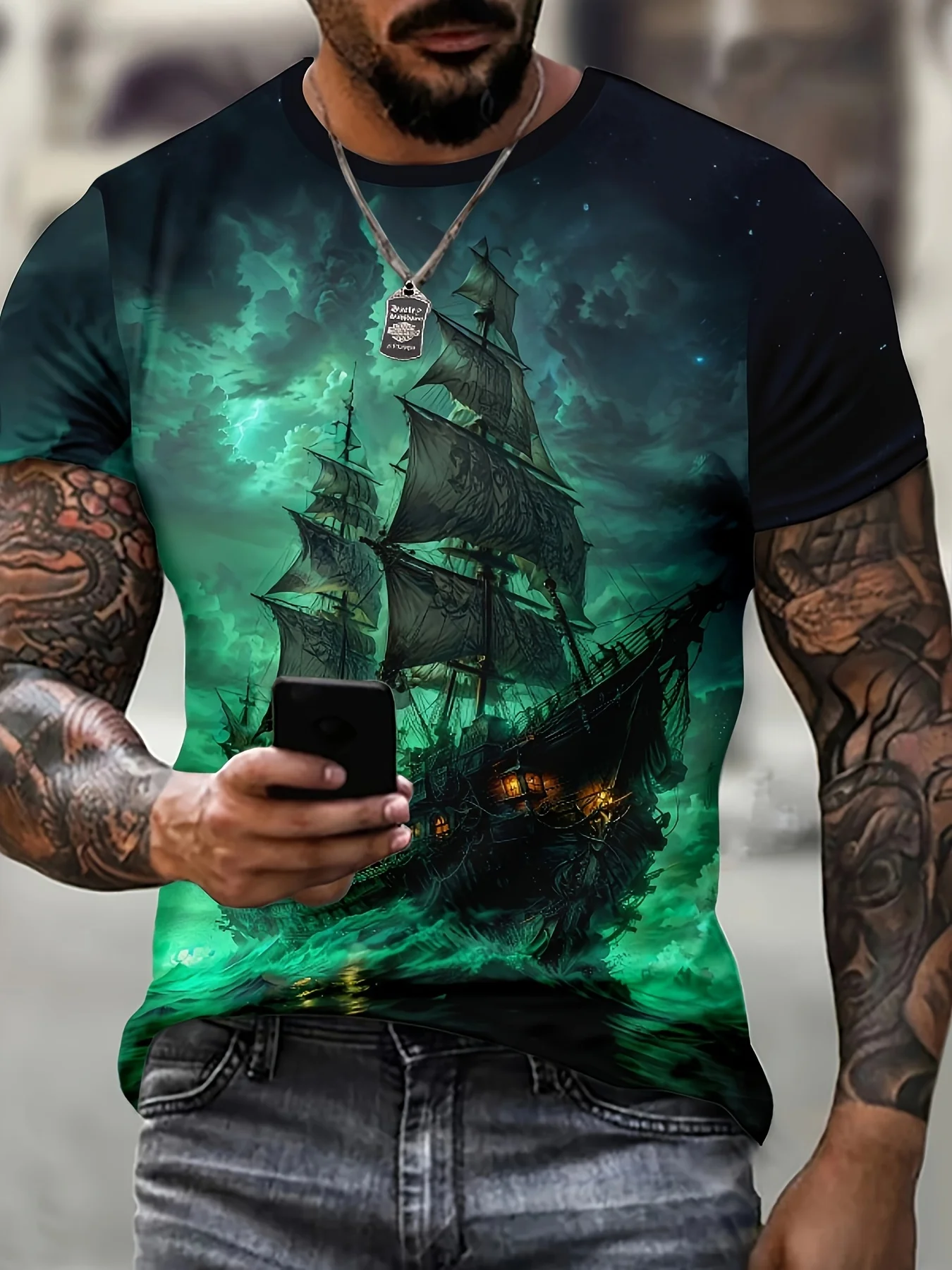 

Men's Ship Print T-shirt Casual Short Sleeve Crew Neck Tee Men's Clothing For Outdoor Soft Slight Stretch Polyester Blend Fabric