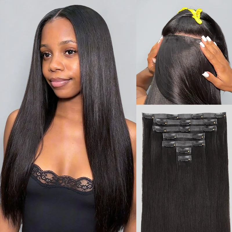 ISEE Hair Yaki Straight Clip-In Hair Extensions Human Hair Natural Black Color Invisible Weft for Women