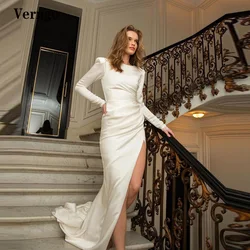 Verngo Simple Silk Satin Mermaid Wedding Dresses Long Sleeves Jewel Neck Pleats Side Slit Bridal Gowns Women Party Formal Dress