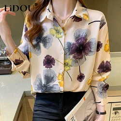 Spring Summer Polo-neck Floral Print Sweet Chiffon Shirt Women Long Sleeve Elegant Fashion Temperament Blouse Lady Buttons Top