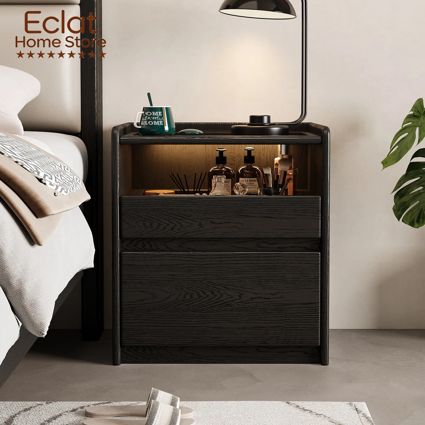 All solid wood bedside table, log wind belt socket, tempered glass surface, narrow side of bed, household ash wood grain storage