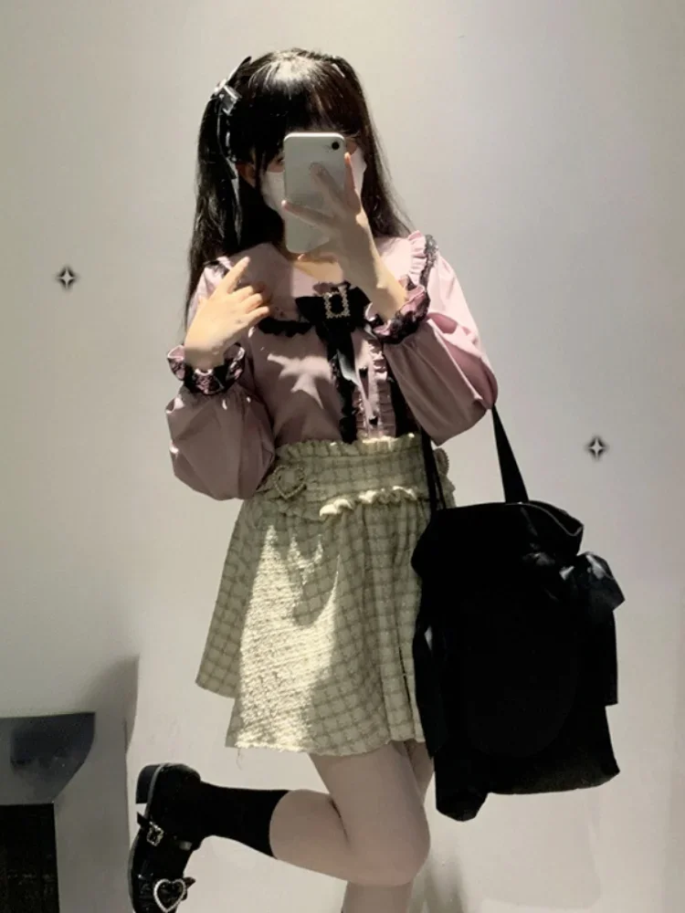 Doce lolita blusas femininas primavera verão moda japonesa harajuku laço arco camisas de manga longa feminino kawaii topos blusas