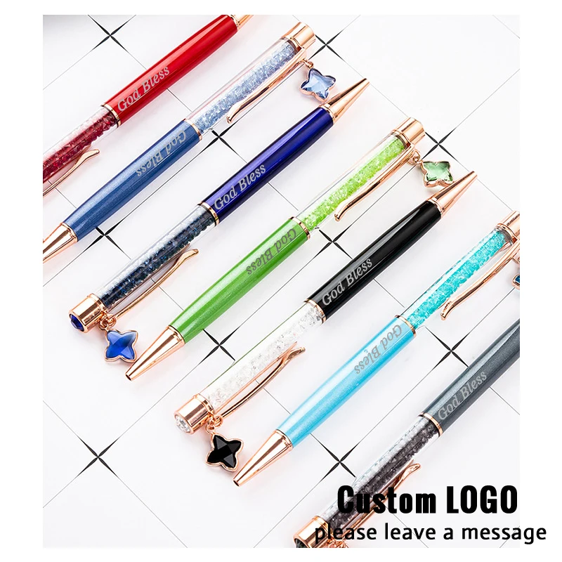 

Personalized Carving LOGO Pen Metal Crystal Clover Diamond Engraved Name Gifts Customized Bussiness Advertising Office Supplies