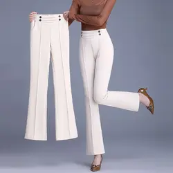 Spring Autumn Elegant Buttons Solid Color Elastic Waist Flare Ladies Fashion Slim High Waist Temperament Pants Women Clothes