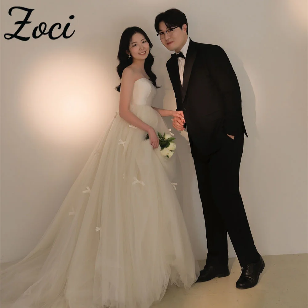 

Zoci Elegant Sweetheart Korea A Line Wedding Dresses Photo Shoot Bow Ribbons Evening Dresses Customized Floor Length Bridal Gown