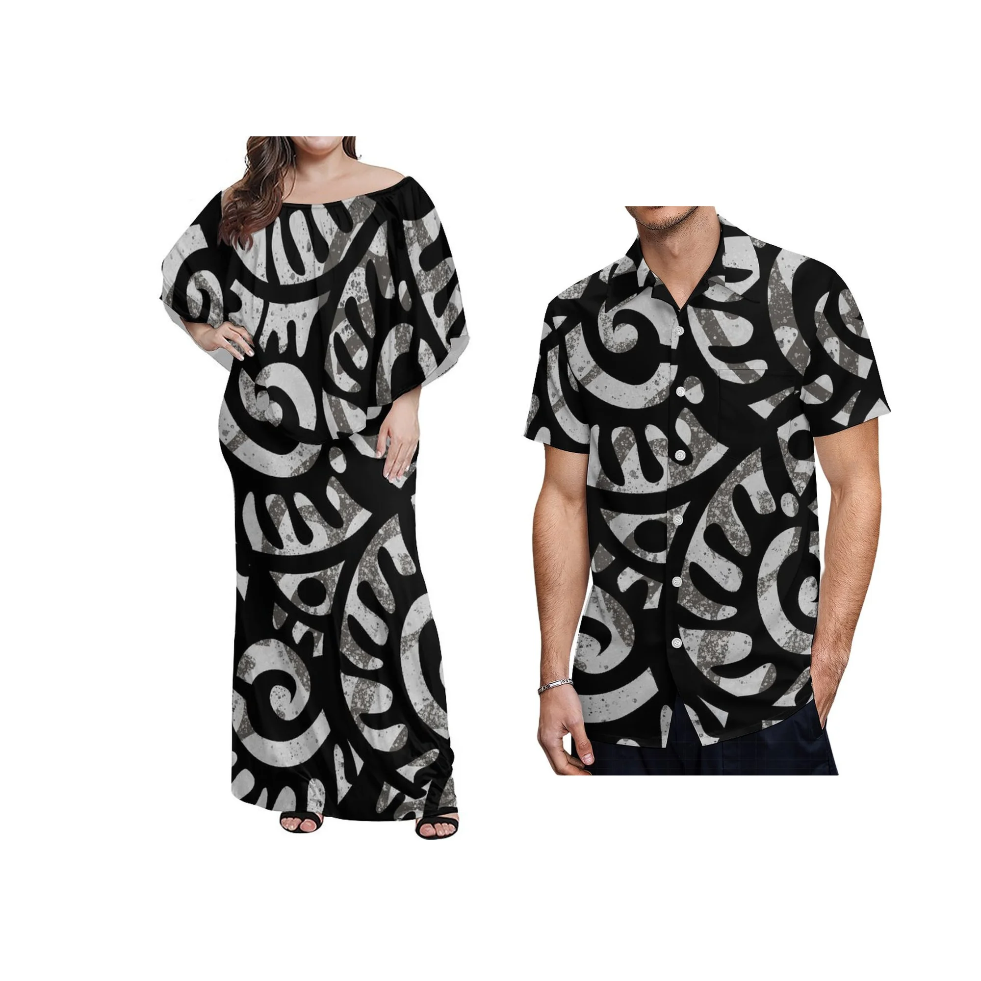 Nova qualidade personalizada roupas femininas polinésia tribal impressão em camadas plissado fora do ombro meio ombro vestido plus size