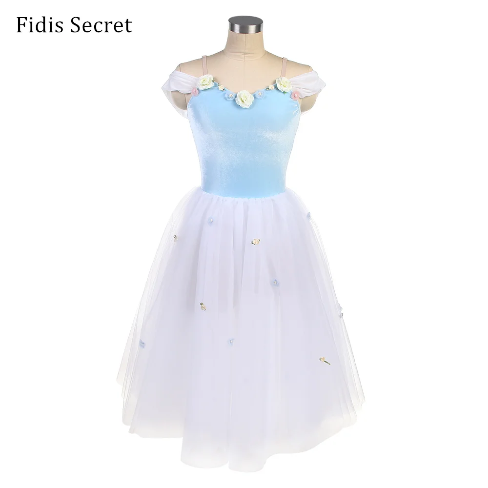 

Sky Blue Bodice w/ White Romantic Long Tutu Ballerina Flower Fairy Princess Performance Stage Costumes Girls Piano Playing Dress