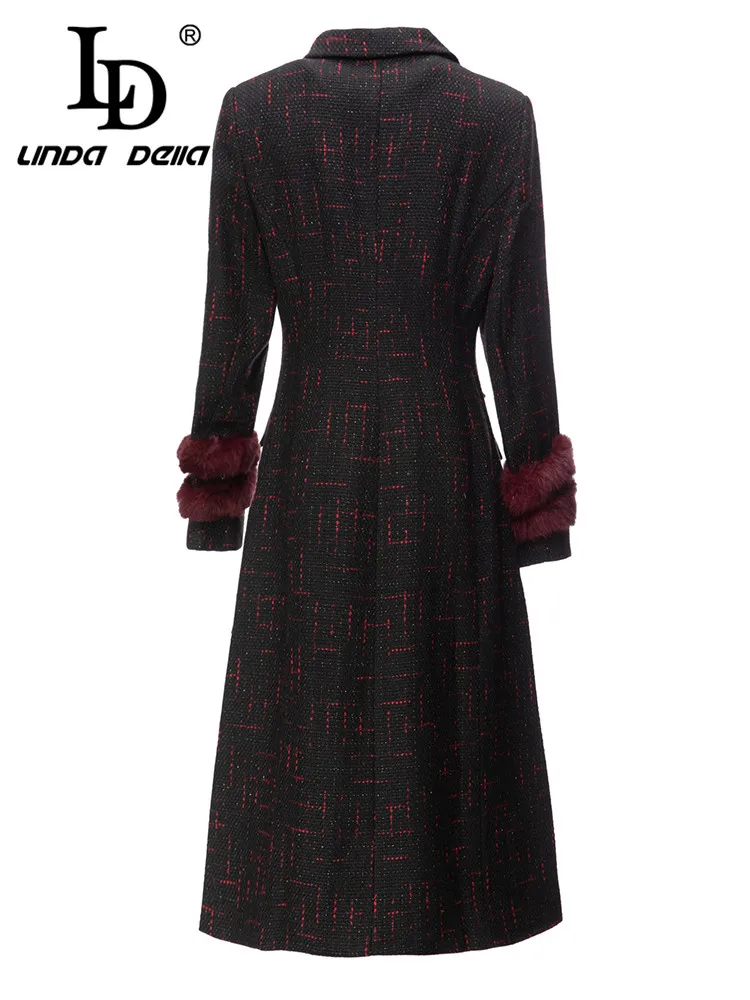 LD LINDA DELLA 2023 New Style Runway Designer Overcoat Women's Wintertime Double-Breasted Slim Fit Plush Print Outerwear