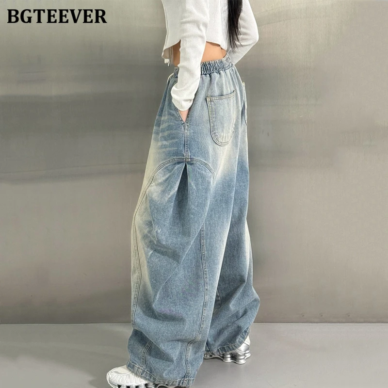BGTEEVER Vintage Loose Female Straight Drawstring Denim Pants Summer Stylish High Waist Women Solid Pockets Wide Leg Jeans