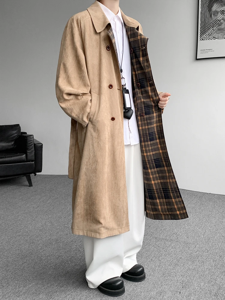 

Retro Suede Plaid Double-Sided Wear Briti Sle Long Men's plus Size Trendy Loose Autumn Faion Windbreaker Busin Gentl...