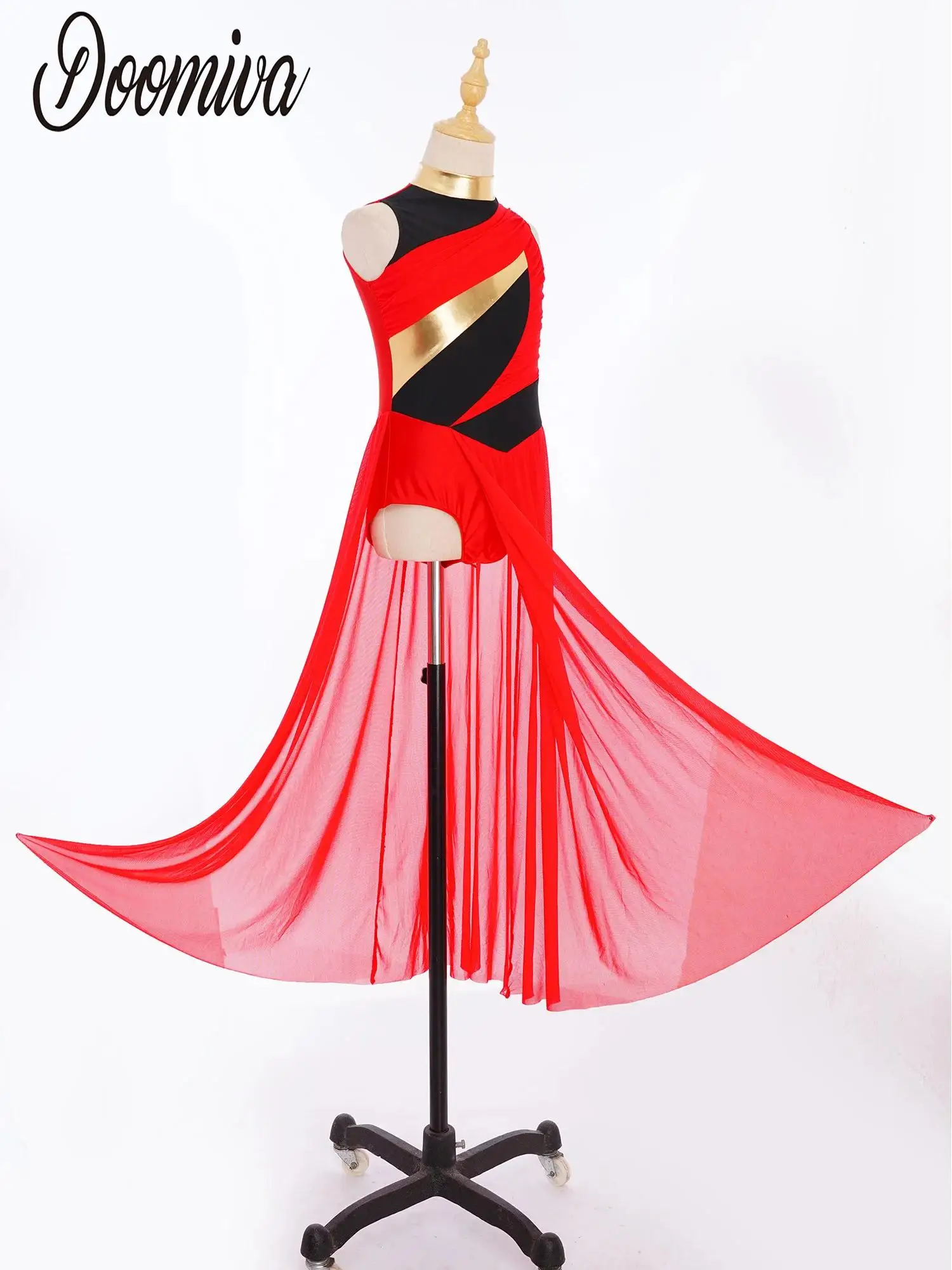 

Kids Girls Modern Contemporary Lyrical Dance Dress Mock Neck Sleeveless Ruched Mesh Overlay Bodice Side Split Dance Long Dress