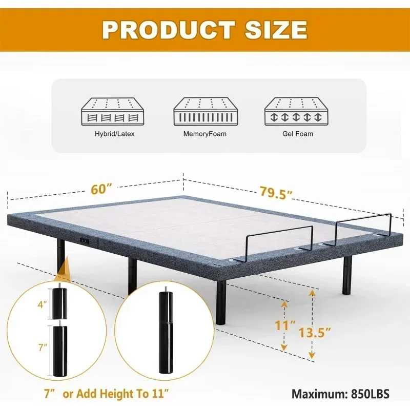 Adjustable Bed Frame Queen Quick Assembly Adjustable Bed Base with Wireless  Independent and Foot Incline Dual USB Ch