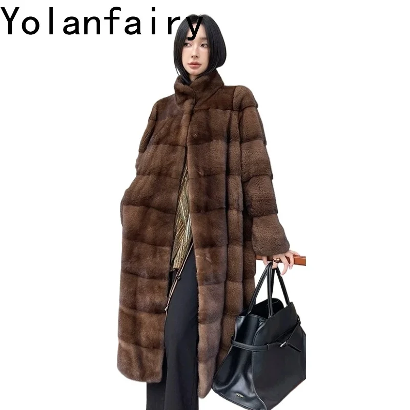 YOLANFAIRY Purple Label Velvet Whole Mink Fur Coat Women Furry Overcoat Real Fur Jacket Long Outerwear 111cm Tops Elegant Haut