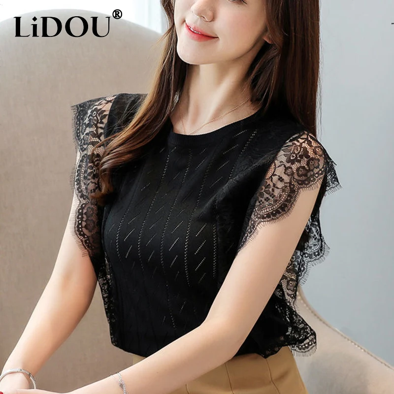 

Summer Lace Patchwork Knitting Tank Top Women Sleeveless Casual Fashion Pullover Vest Ladies Solid Color All-match Tee Female