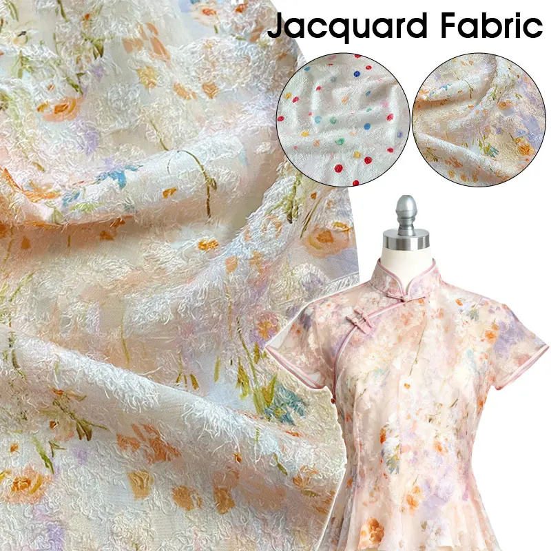 

Watercolor Printed Tassel Fabric Chiffon Jacquard Digitally Printing Designer Fabric for Retro Cheongsam Dress Hanfu DIY Sewing