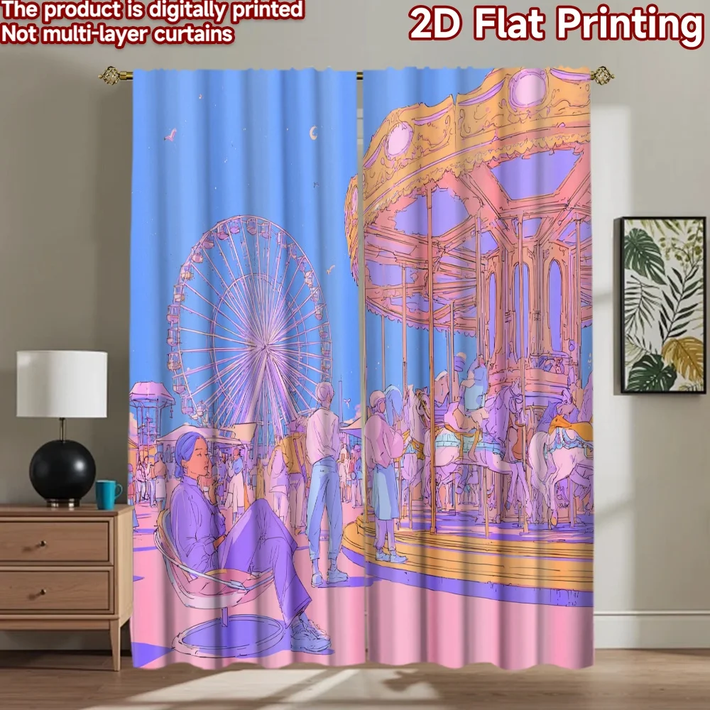 2D flat printing 2pcs Scene Curtain Amusement park, Ferris wheel, carousel, fun, summer Digital Printed Polyester Drapes Party