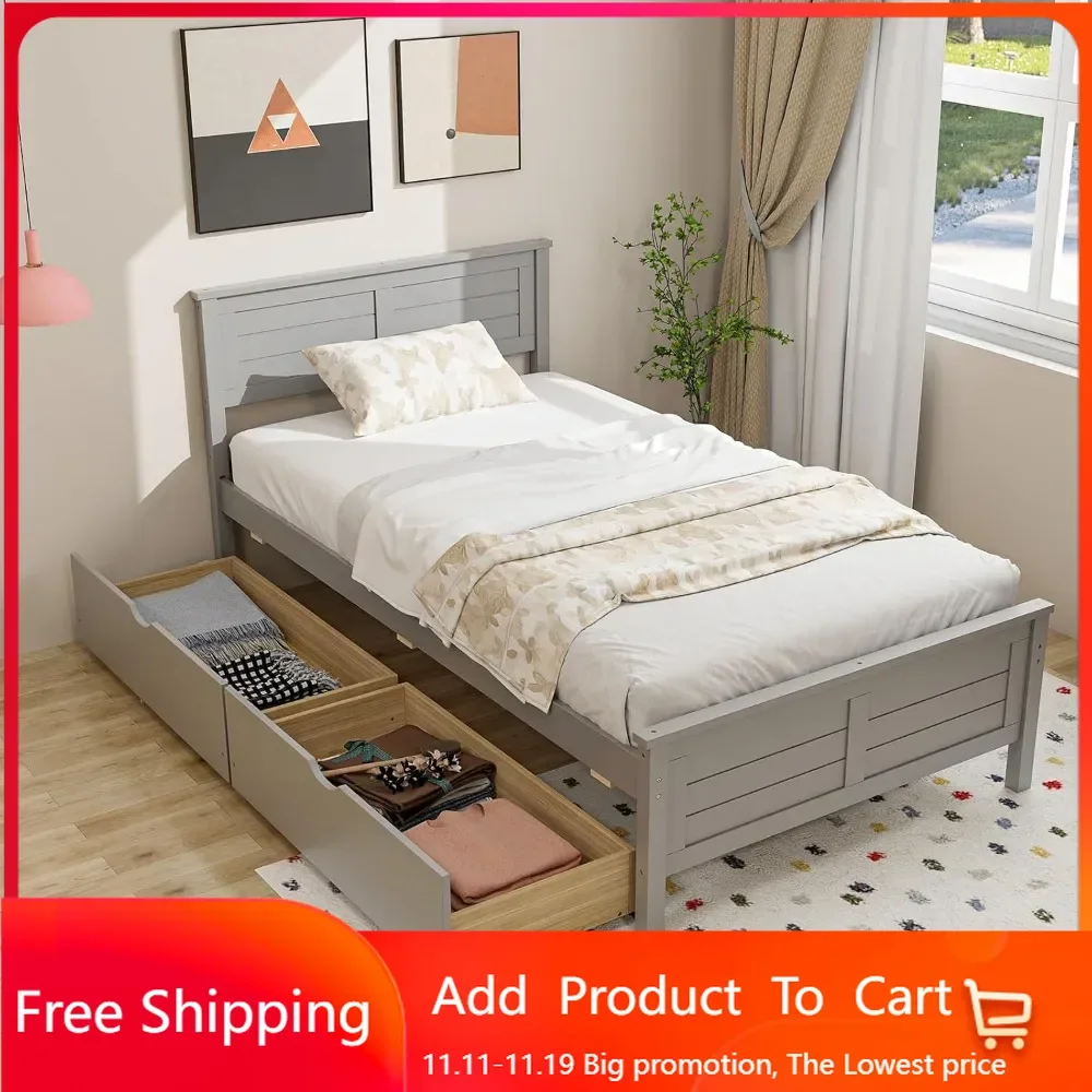 Wood Twin Bed with 2 Storage Drawers, Solid Wood Platform Bed with Headboard, Wooden Slats Support Mattress Foundation