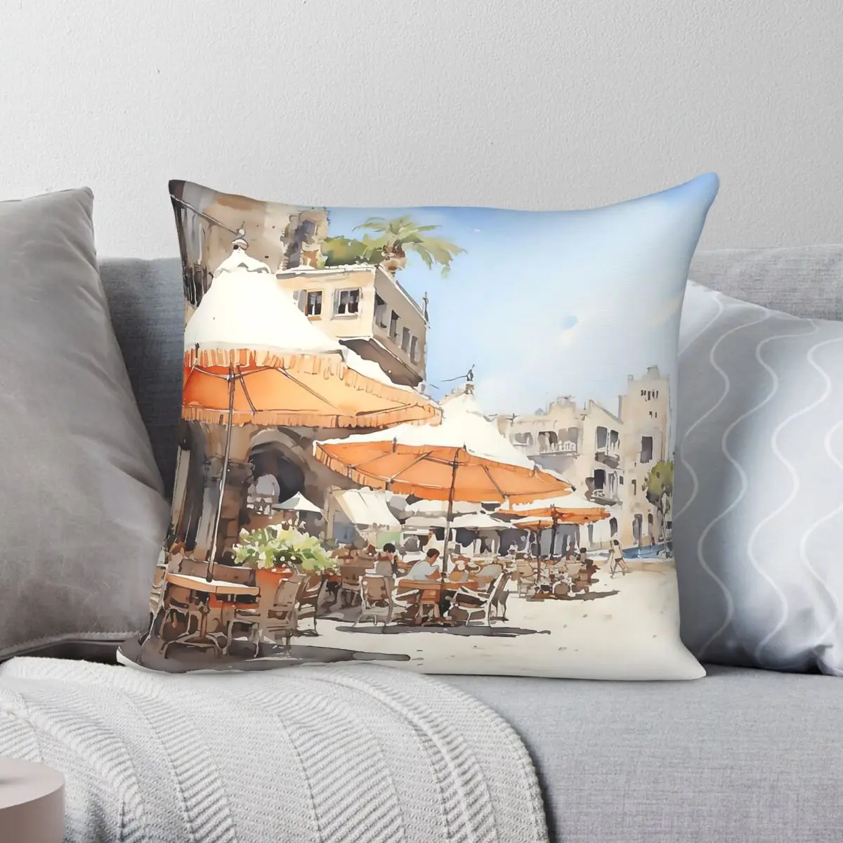 Mediterranean Beachside Cafes Square Pillowcase Polyester Linen Velvet Pattern Zip Decorative Pillow Case Home Cushion 45x45