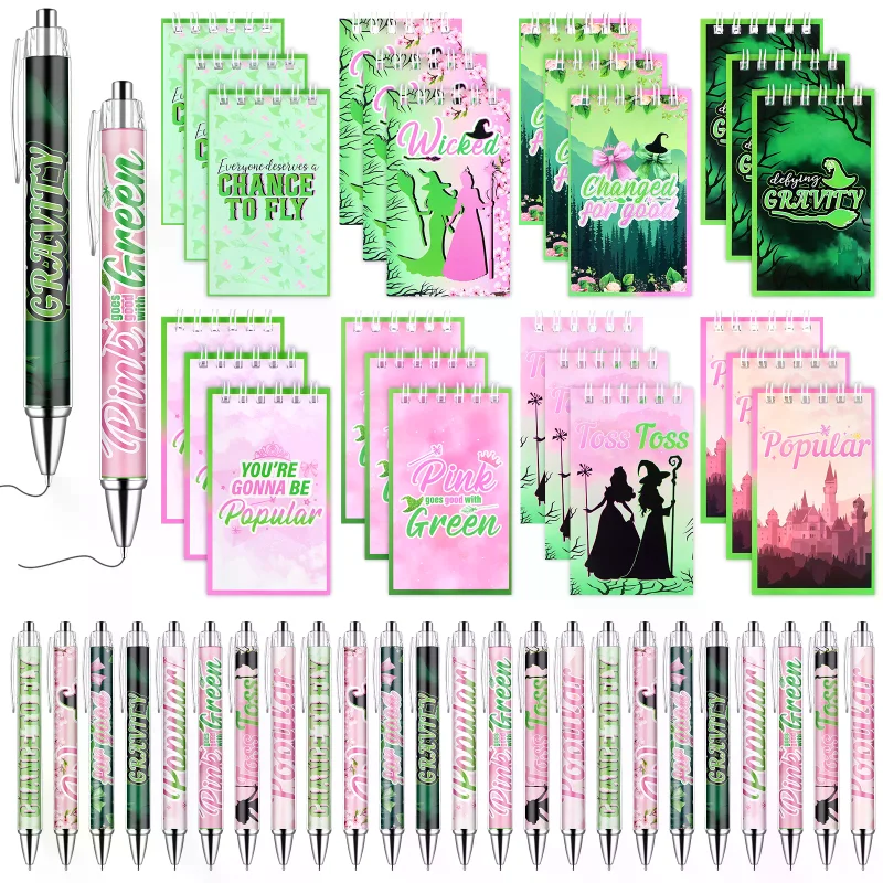 

24 Pcs Party Favors Set - 8 Styles Spiral Notebooks & Rollerball Pens 24 Notebooks & 24 Pens for Halloween, Bridal Showers