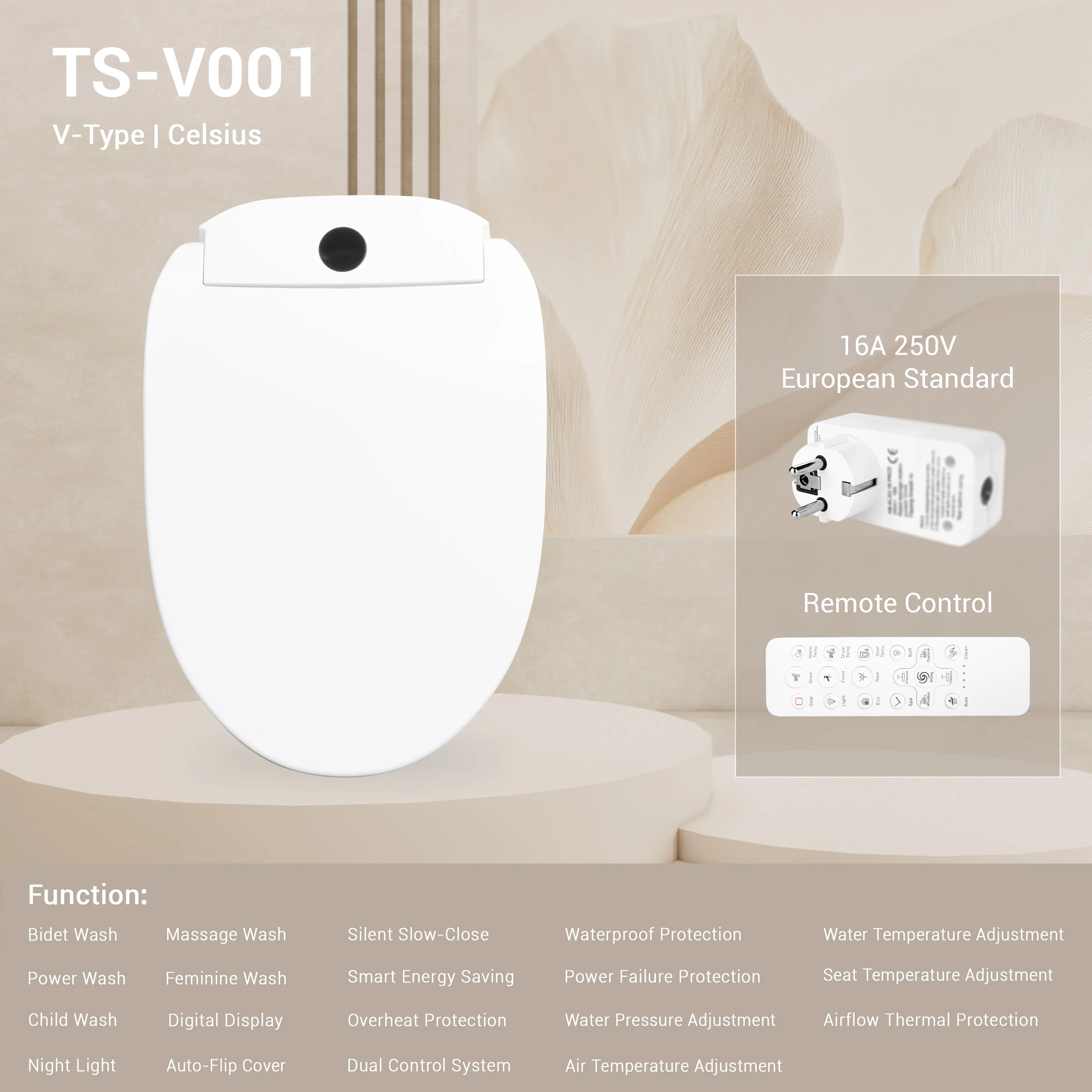 Luxuriöser intelligenter Toilettensitzbezug mit V-Bidet und sofortiger Heizung, automatische Reinigung, LED-Anzeige, energiesparende Funktionen