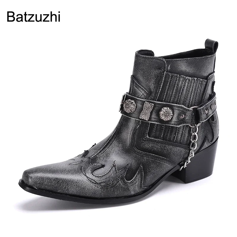 

Batzuzhi Western Cowboy Handmade Men's Boots Pointed Toe Dark Grey Genuine Leather Ankle Boots Men Chains Rock Motorcycle Boots