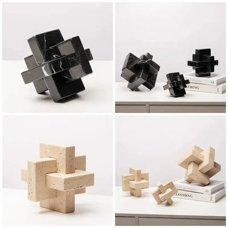 Creative Geometric Stone Sculpture Yellow Cave Stone Cross Ornaments Spliced Looped Square Ball Home Decoration Accessories