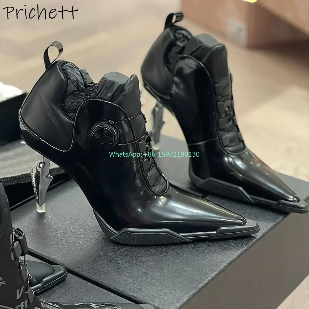 Strange Style Heels Solid Pumps Genuine Leather Pointy Toe Cross Tied Shoes Dark Punk Shallow Motorcycle Stiletto Shoes 2024