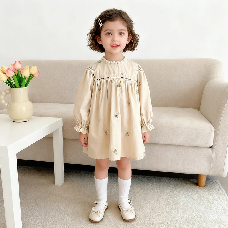 2026 neue Frühjahr 2-6Yrs Langarm Baumwolle Stickerei Druck Kinder Prinzessin Kleider Europäischen Amerikanischen Stil Mädchen Party Kleid