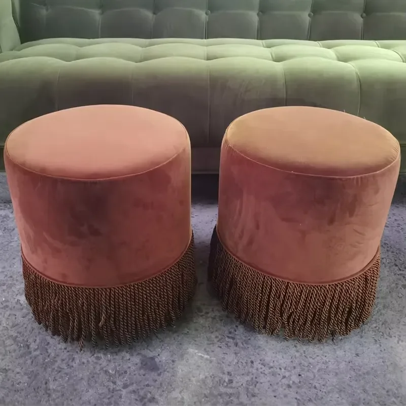 Rust Brown Velvet Round Stool with Fringe Modern Cylindrical Footstool for Living Room Bedroom Hotel Decor Wholesale Custom