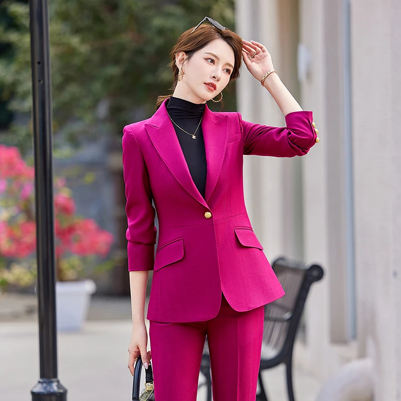 NAVIU Navy Blue Women Suits Office Sets New Fashion Long Sleeve Slim Single Button Blazers Casual High Waist Flare Pants Suits