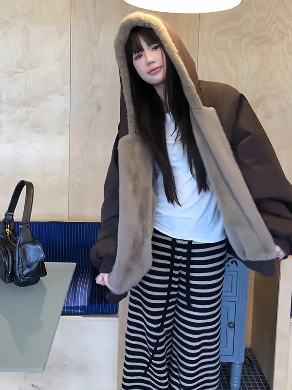 American Sle Double-Sided Wearable Cotton Jaet Quilted Thiened Warm Fur Collar Hooded Coat for Men And Women Couples