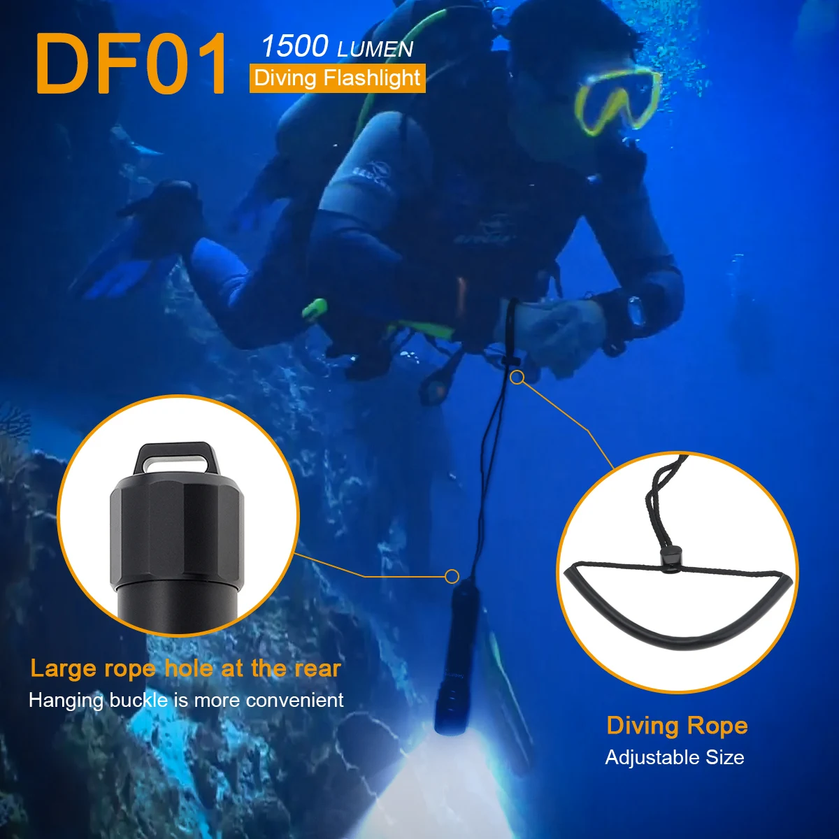 Impermeável mergulho lanterna, estreito feixe, subaquática Scuba tocha, Dive luzes de segurança, SST40 LED, IP68, 1500 Lumen, 9 °