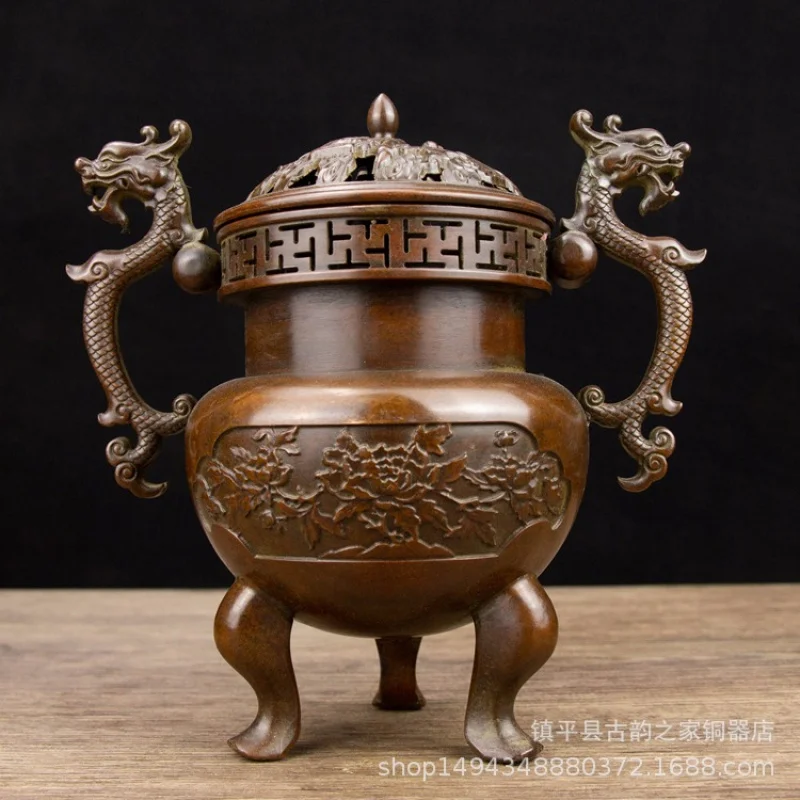Pure Copper Double Dragon Ear Three-Legged Elephant Foot Incense Burner Decoration for Living Room Office Store D