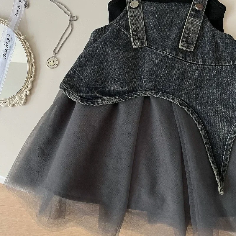 Summer Girls Clothes Sets Sleeveless T-shirt+Denim Mesh Dress Korean Kids Clothing Children Casual Clothes Suits 2 3 4 5 6 7Yrs