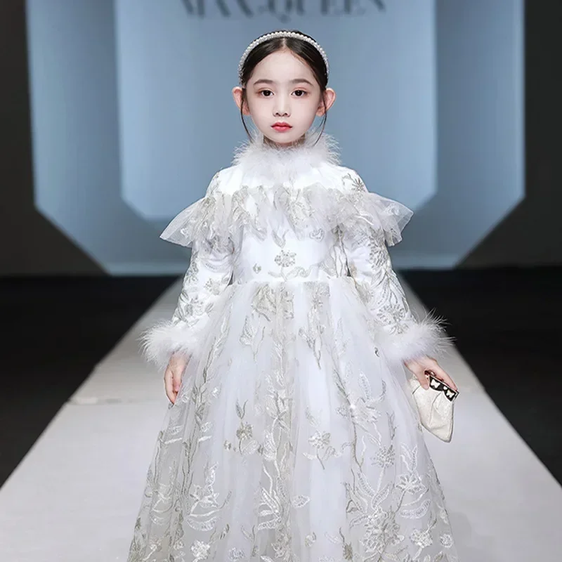 

2024 Spring New Flower Girl White Fashionable Princess Dress Fluffy Gauze Girl's Birthday Dress Host Performance Dress