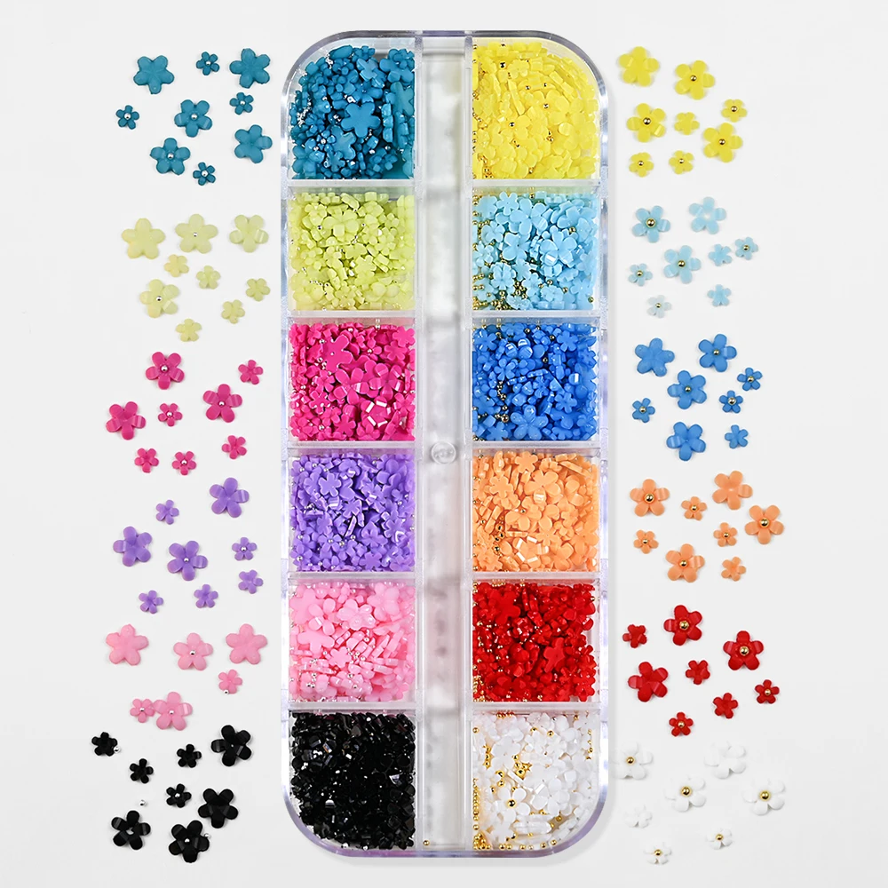 12Grid Colorful Acrylic Flower Nail Art Charms 3D Spring Summer Petal Blossom Rhinestones with Caviar Beads Manicure Decoration