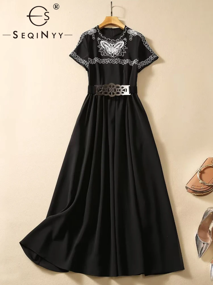 

SEQINYY Black Elegant Dress Summer Spring New Fashion Design Women Runway High Street Embroidery White Flower A-line Belt