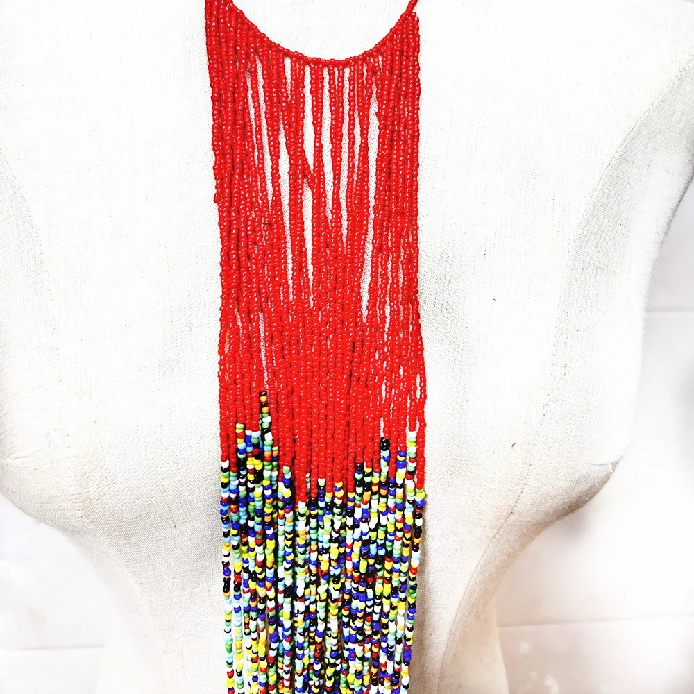 African style colored rice bead necklace set long fringed sweater chain jewelry necklace