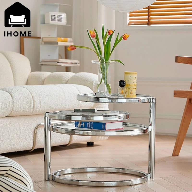 IHOME Rotating Creative Small Coffee Table Ins Wind Round Tempered Glass Side Table Living Room Stainless Steel Home Small Table