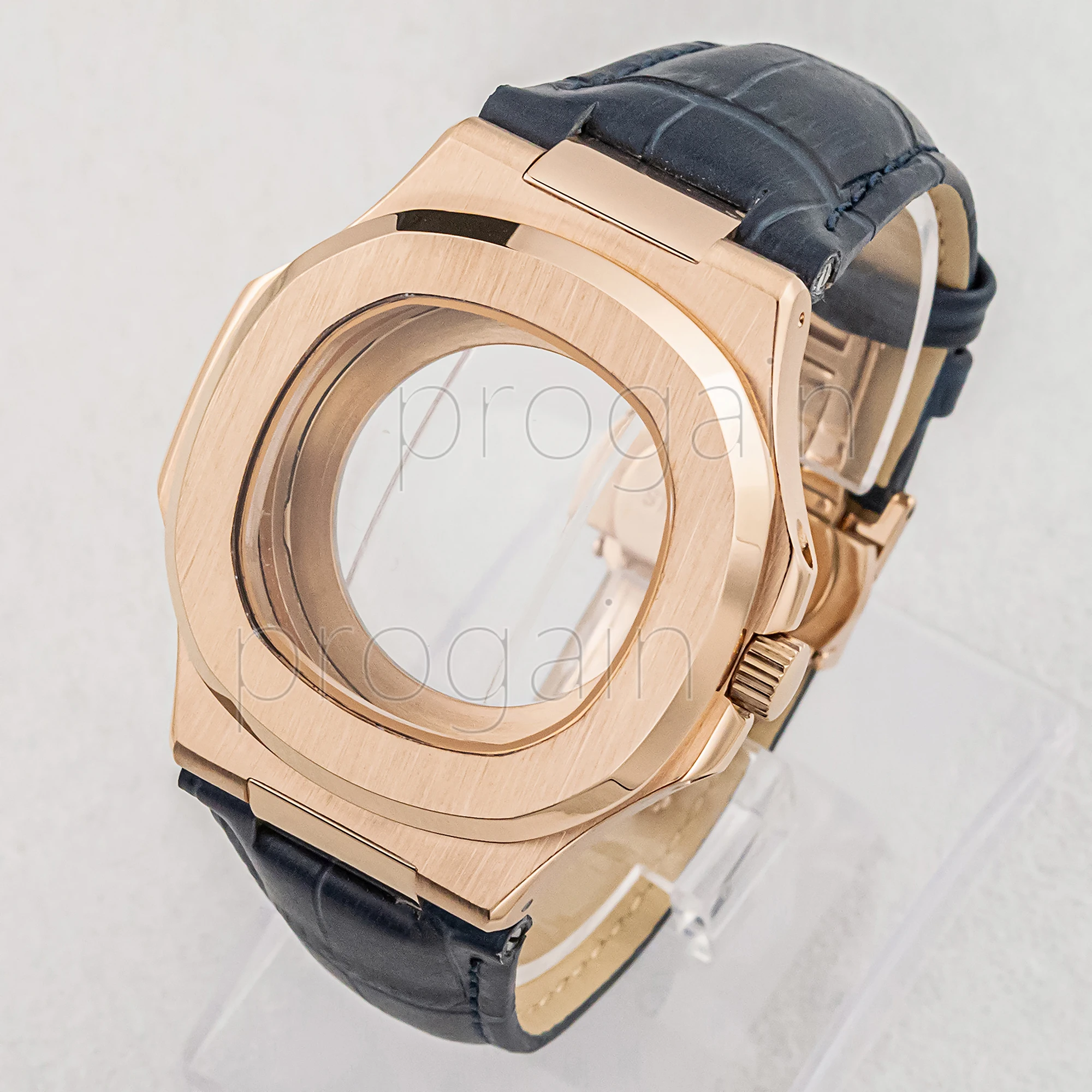 Boîtier Nautilus NH35 de 41mm, bracelet en cuir véritable de 25mm, boucle papillon transparente pour cadran de 30.5mm, remplacement de mouvement NH36