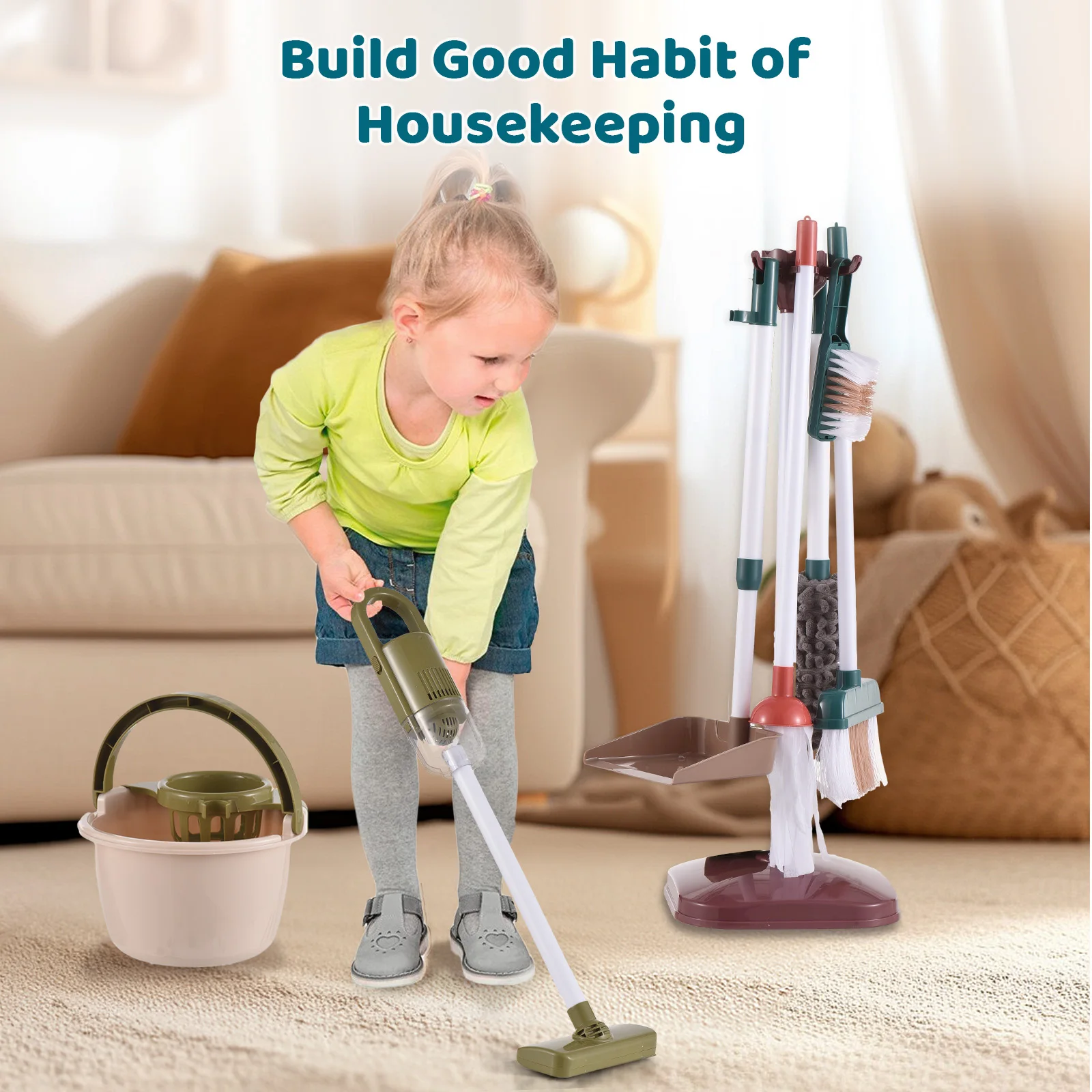 Juego de limpieza para niños, juego de limpieza con aspiradora, escoba, fregona, recogedor, cubo, cepillo, juego de juguetes de limpieza