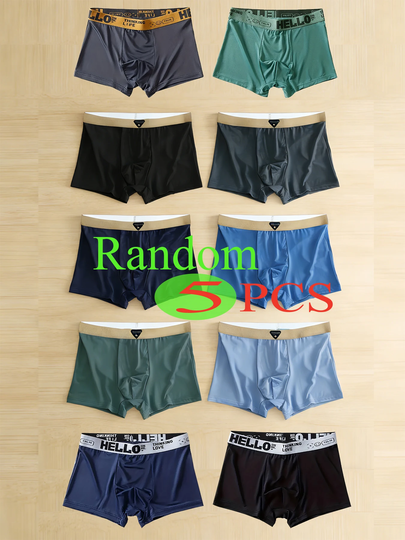 

Random 5 pieces of men's underwear triangle label /HELLO letter belt fashion style ice silk material quick drying men's boxers
